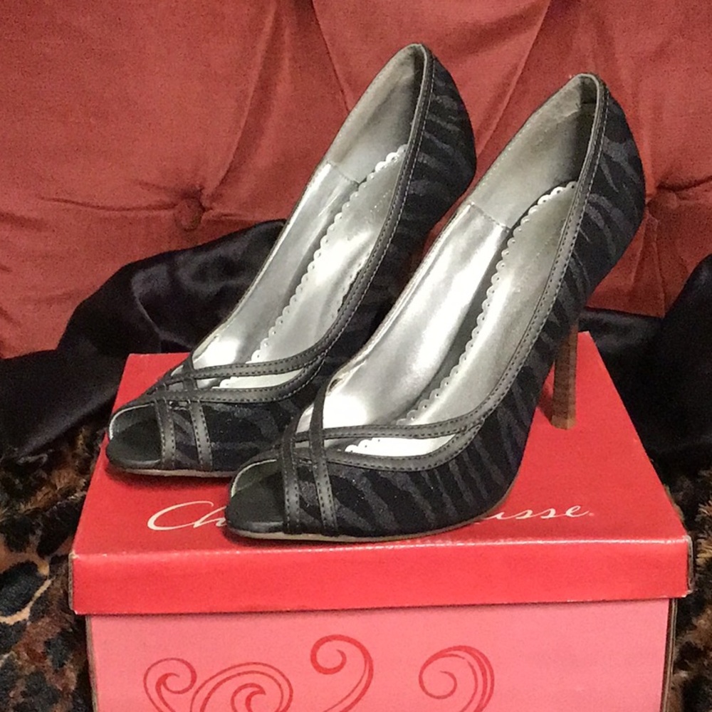 Zebra high heel peep toe pump